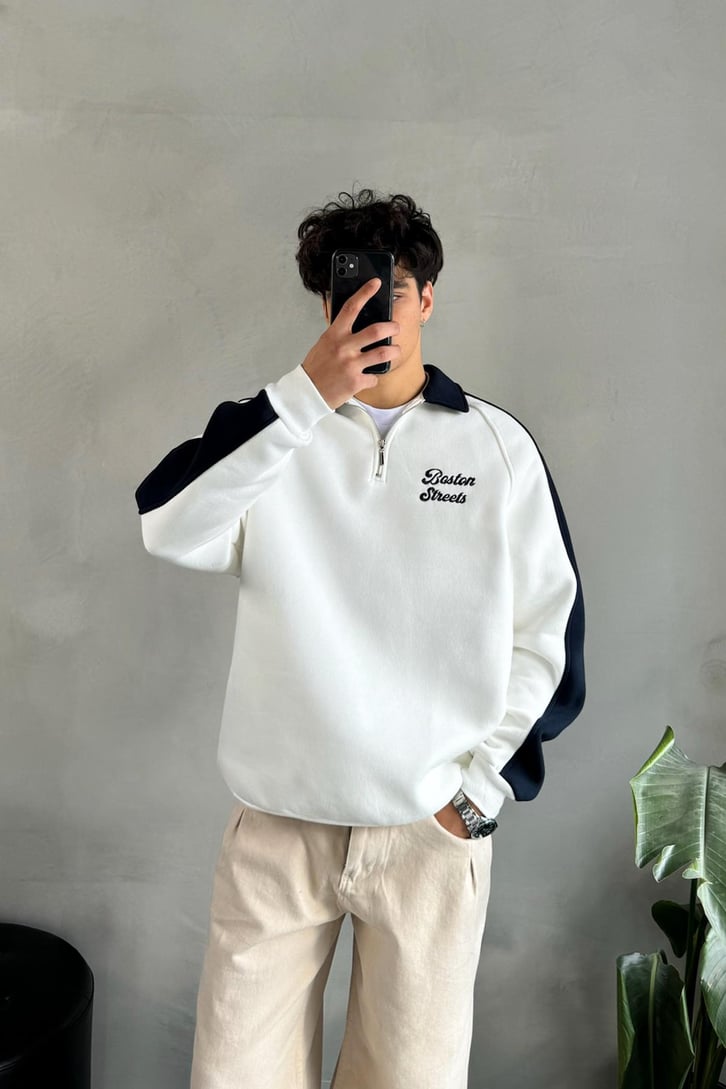 Boston Streets Nakışlı Polo Yaka Sweatshirt
