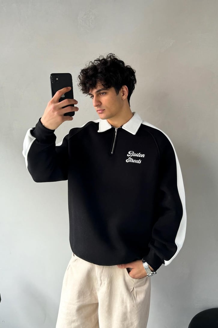 Boston Streets Nakışlı Polo Yaka Sweatshirt