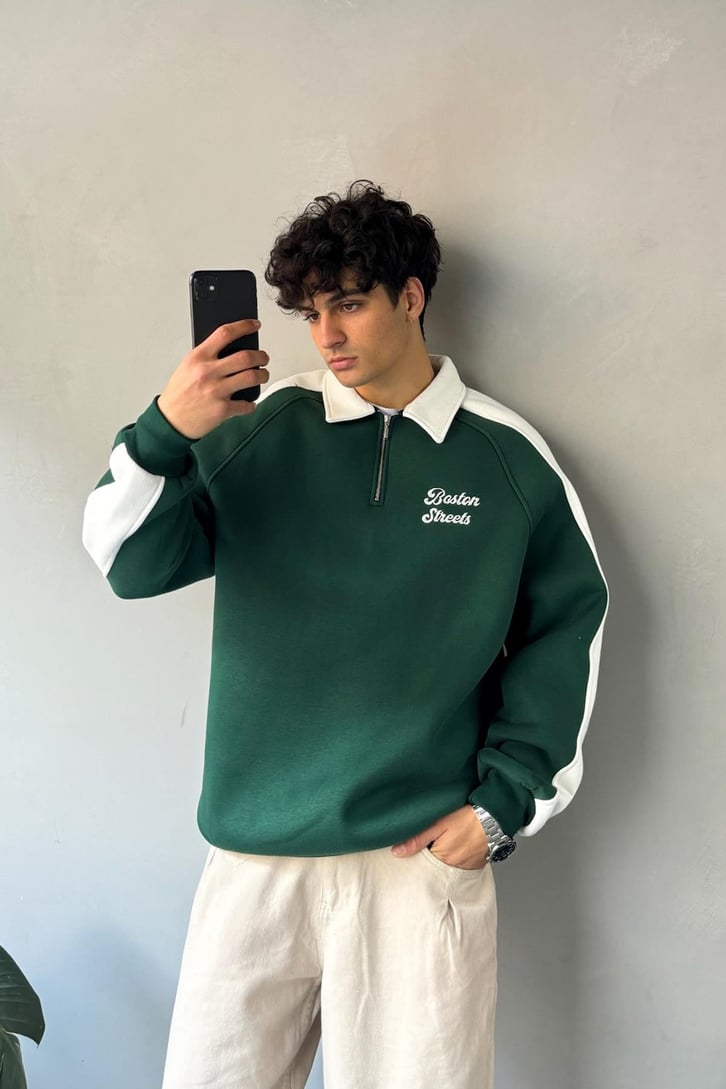 Boston Streets Nakışlı Polo Yaka Sweatshirt