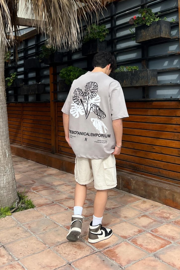 Botanical Emporium Nakışlı Buz Gri Oversize Tişört