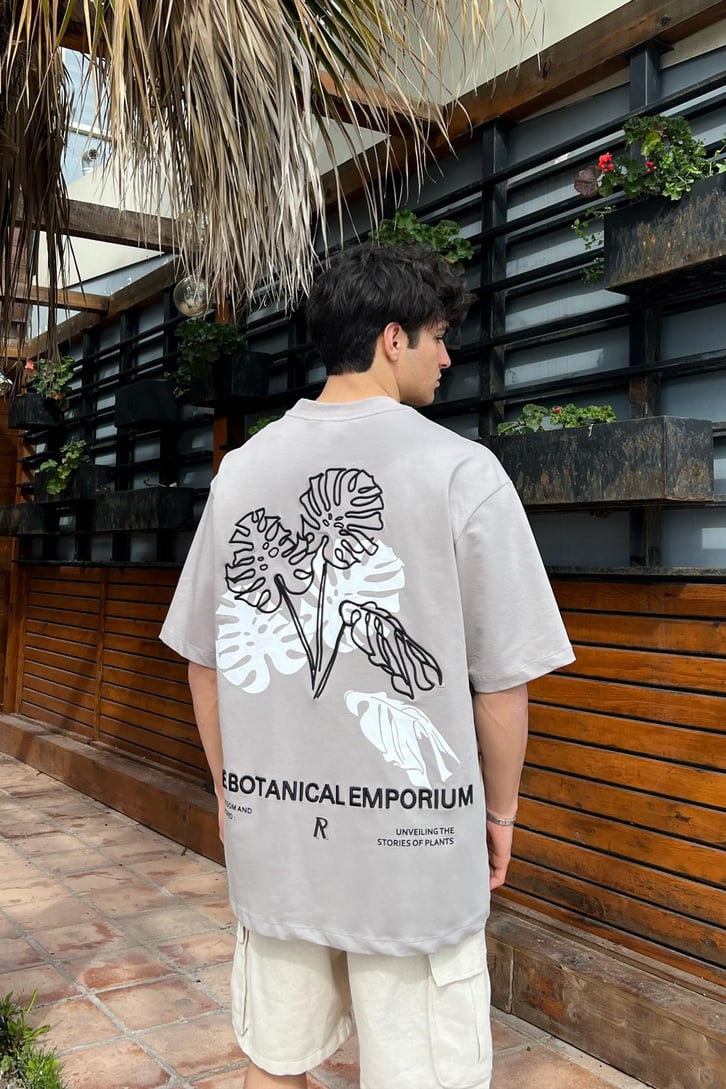Botanical Emporium Nakışlı Buz Gri Oversize Tişört