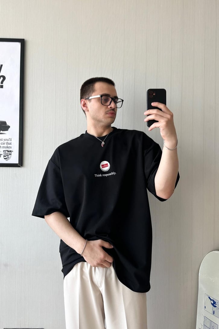Bottle Cap Baskılı Mavi Oversize Tişört