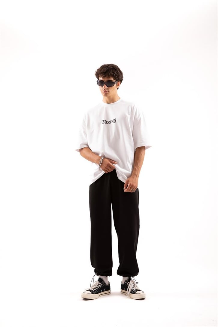 Boxing Baskılı Beyaz Oversize Tişört