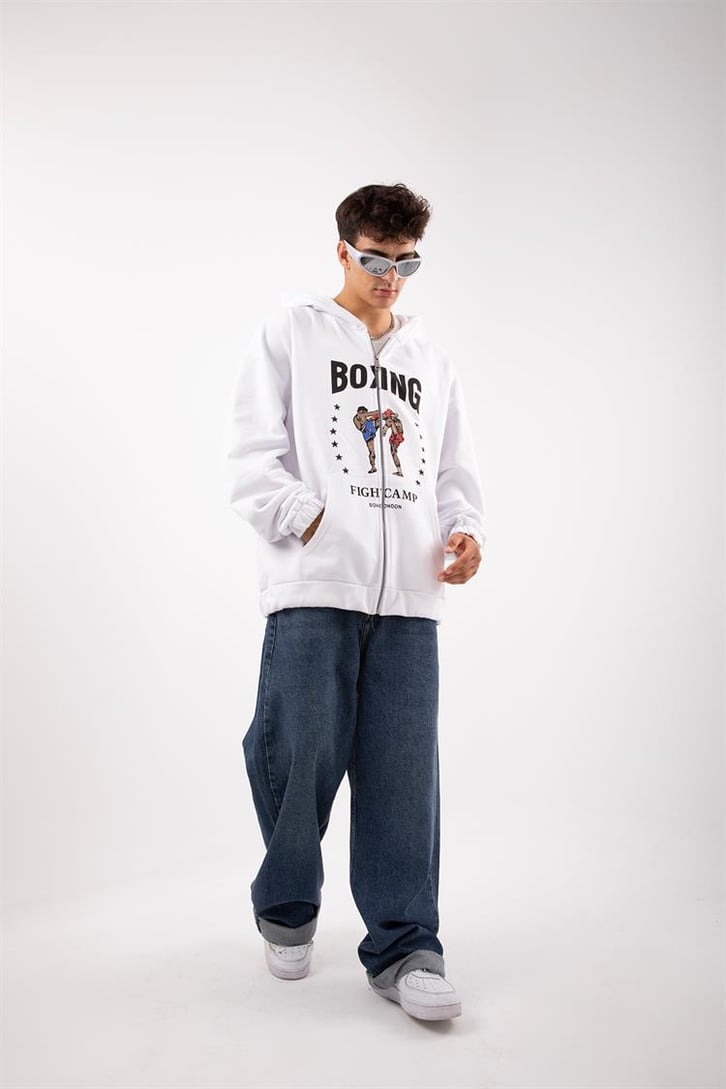 Boxing Fight Camp Beyaz Zip Oversize Hoodie