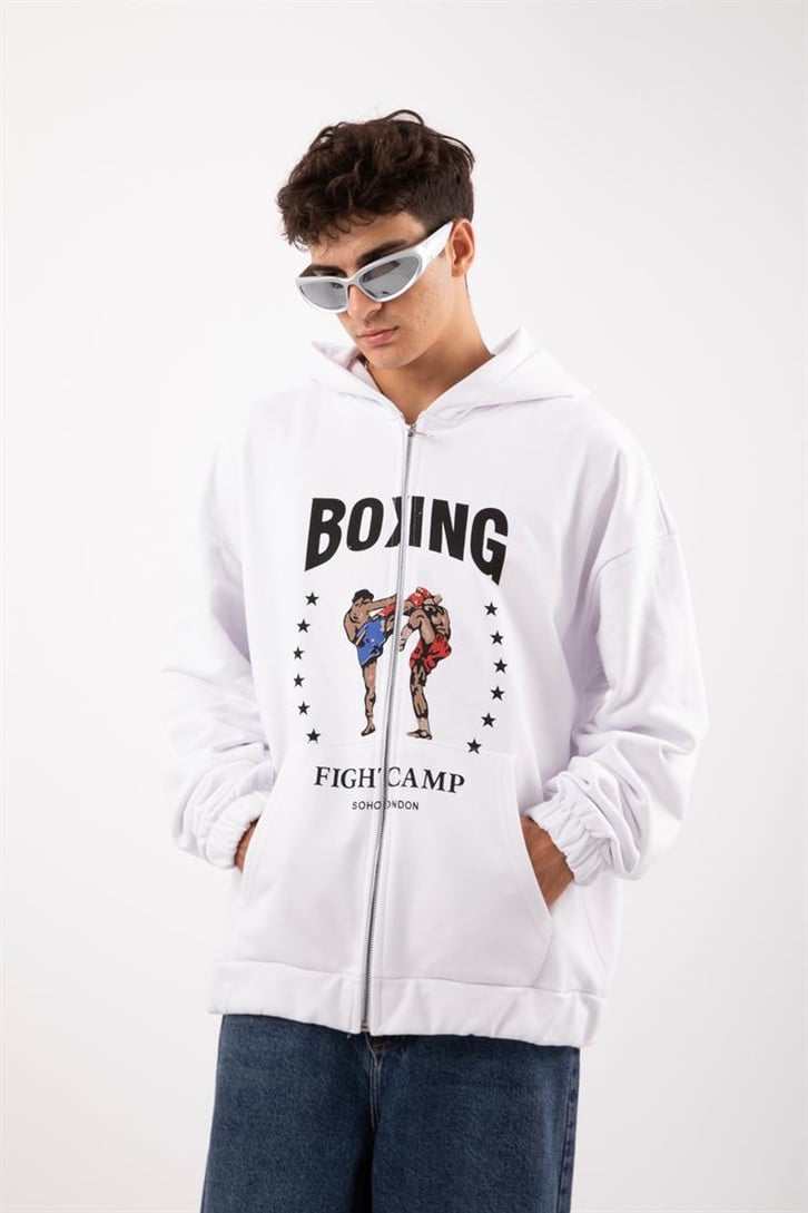 Boxing Fight Camp Beyaz Zip Oversize Hoodie