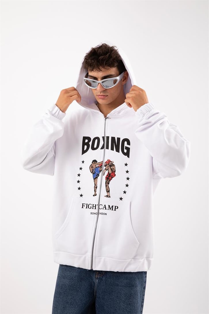 Boxing Fight Camp Beyaz Zip Oversize Hoodie