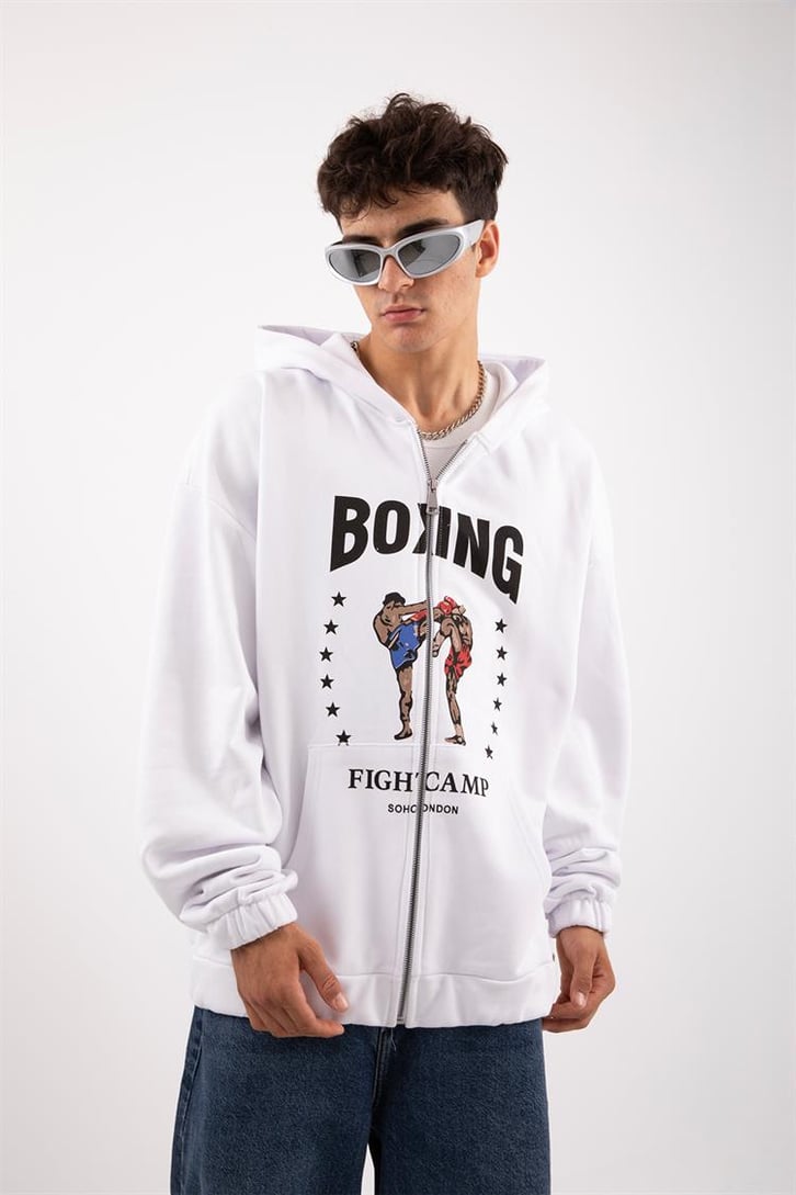Boxing Fight Camp Beyaz Zip Oversize Hoodie
