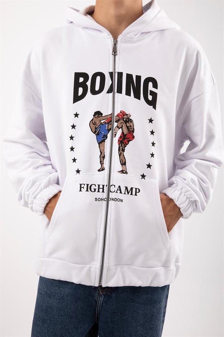 Boxing Fight Camp Beyaz Zip Oversize Hoodie