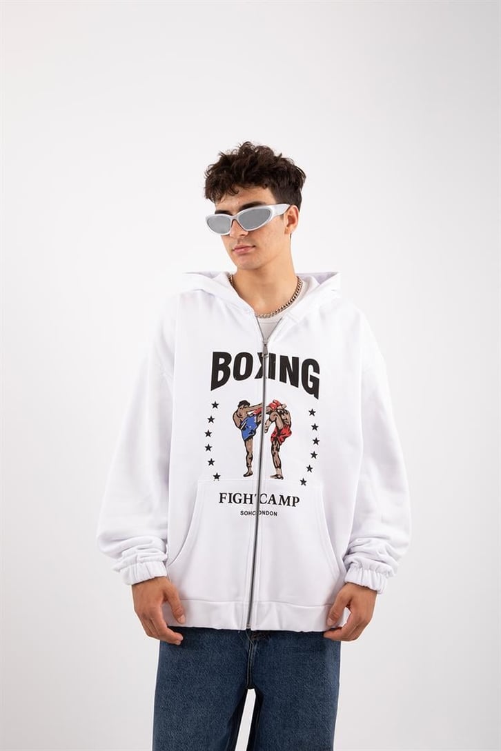 Boxing Fight Camp Beyaz Zip Oversize Hoodie