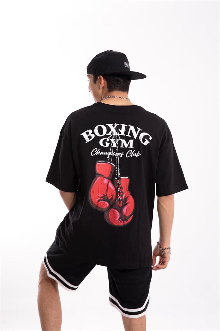 Boxing Gym Baskılı Siyah Oversize Tişört