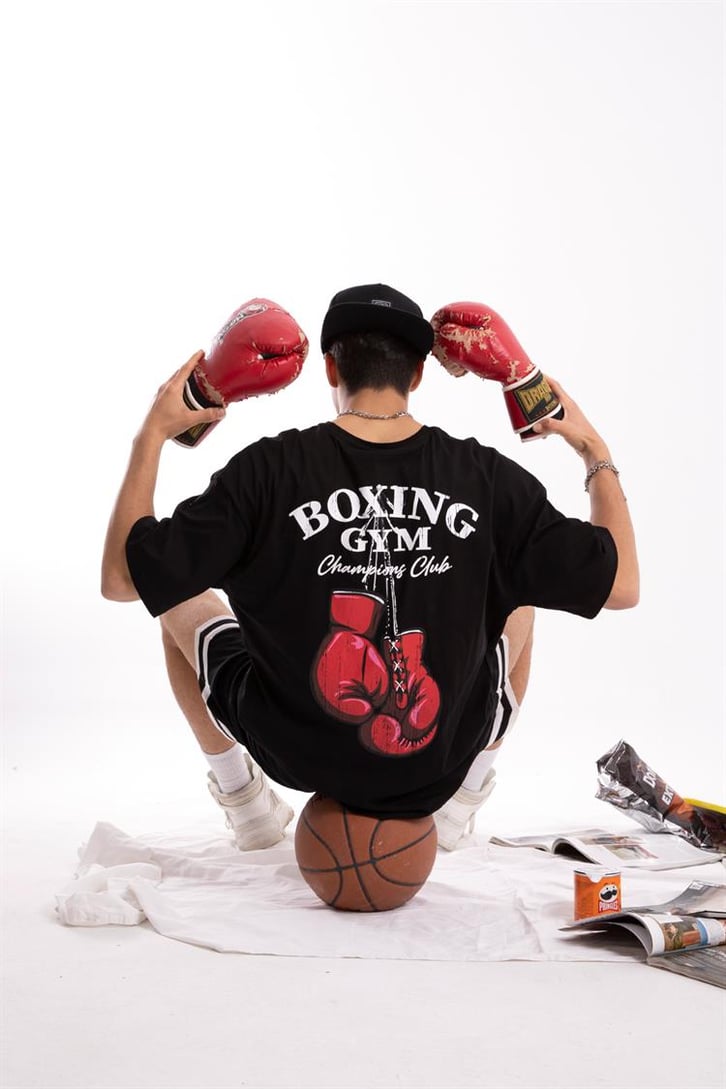 Boxing Gym Baskılı Siyah Oversize Tişört