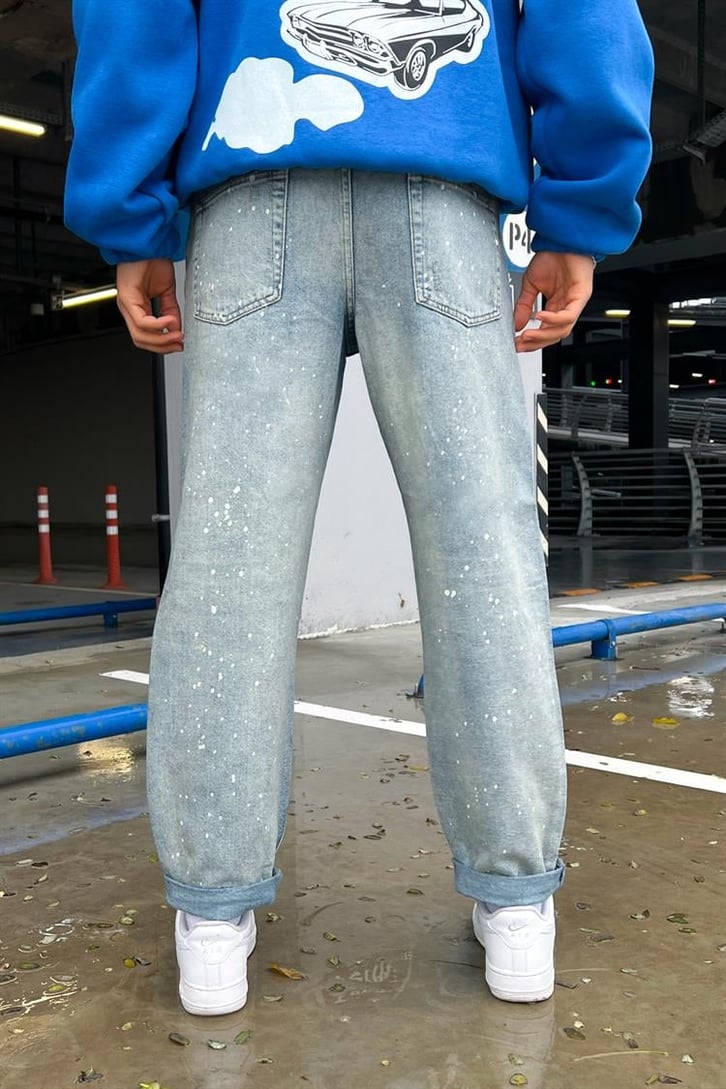Boya Detaylı Lazerli Mavi Regular Fit Jean