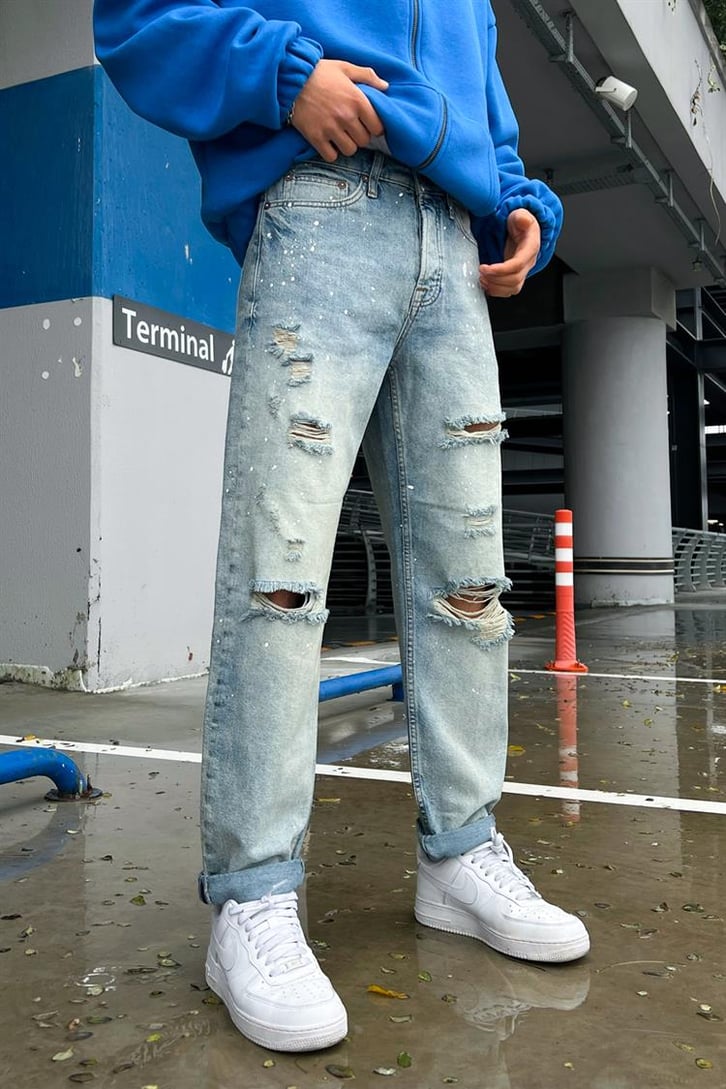 Boya Detaylı Lazerli Mavi Regular Fit Jean