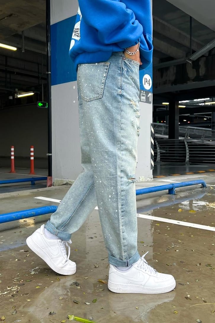 Boya Detaylı Lazerli Mavi Regular Fit Jean