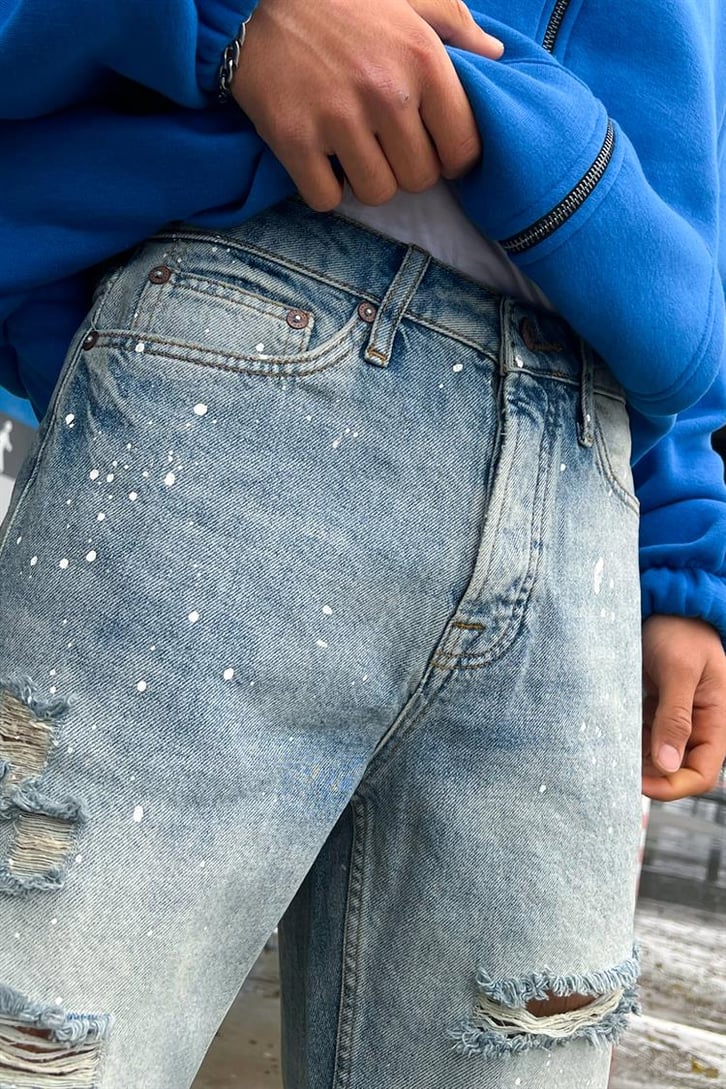Boya Detaylı Lazerli Mavi Regular Fit Jean