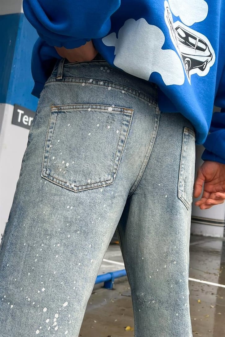 Boya Detaylı Lazerli Mavi Regular Fit Jean
