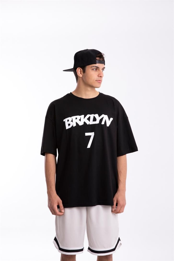 Brklyn 7 Baskılı Siyah Oversize Tişört