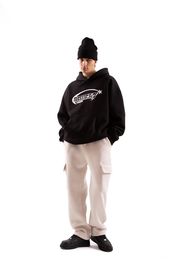Broken Souls Baskılı Siyah Oversize Hoodie