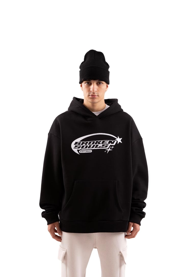 Broken Souls Baskılı Siyah Oversize Hoodie