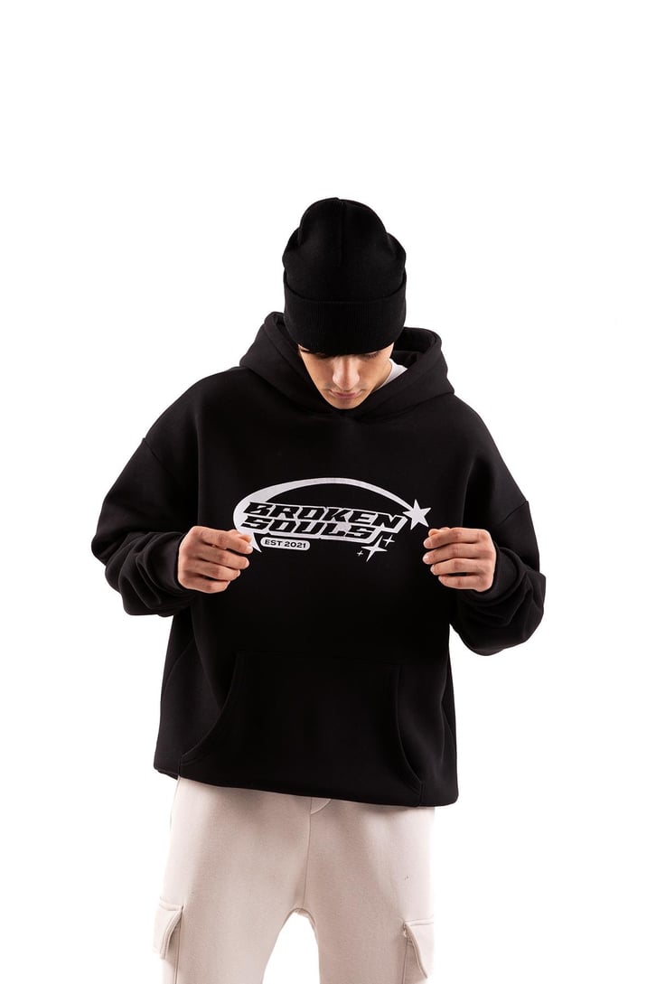 Broken Souls Baskılı Siyah Oversize Hoodie