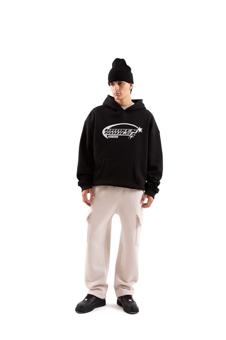 Broken Souls Baskılı Siyah Oversize Hoodie