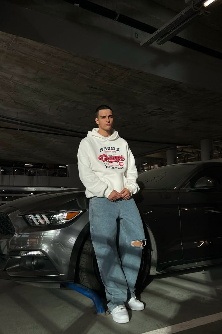 Bronx Champs Baskılı Beyaz Oversize Sweatshirt