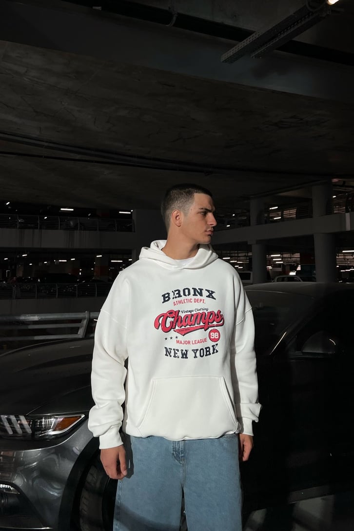 Bronx Champs Baskılı Beyaz Oversize Sweatshirt