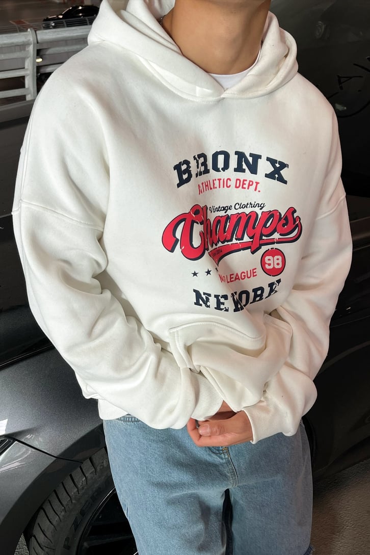 Bronx Champs Baskılı Beyaz Oversize Sweatshirt