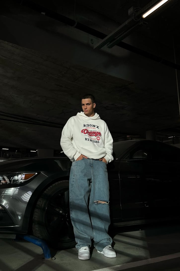 Bronx Champs Baskılı Beyaz Oversize Sweatshirt
