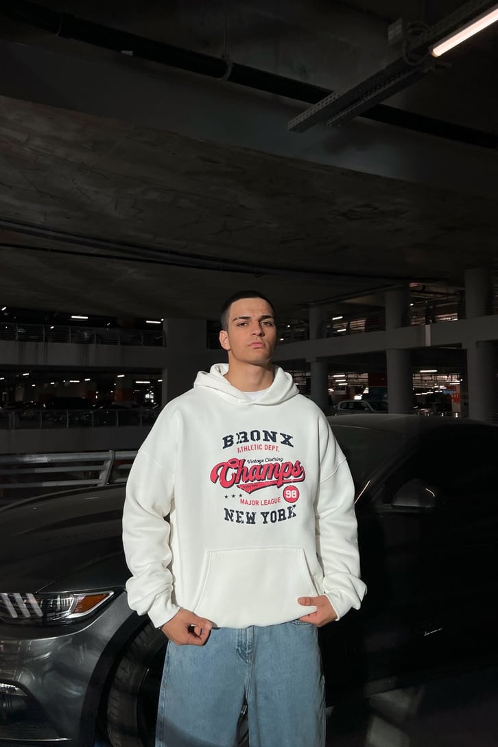 Bronx Champs Baskılı Beyaz Oversize Sweatshirt