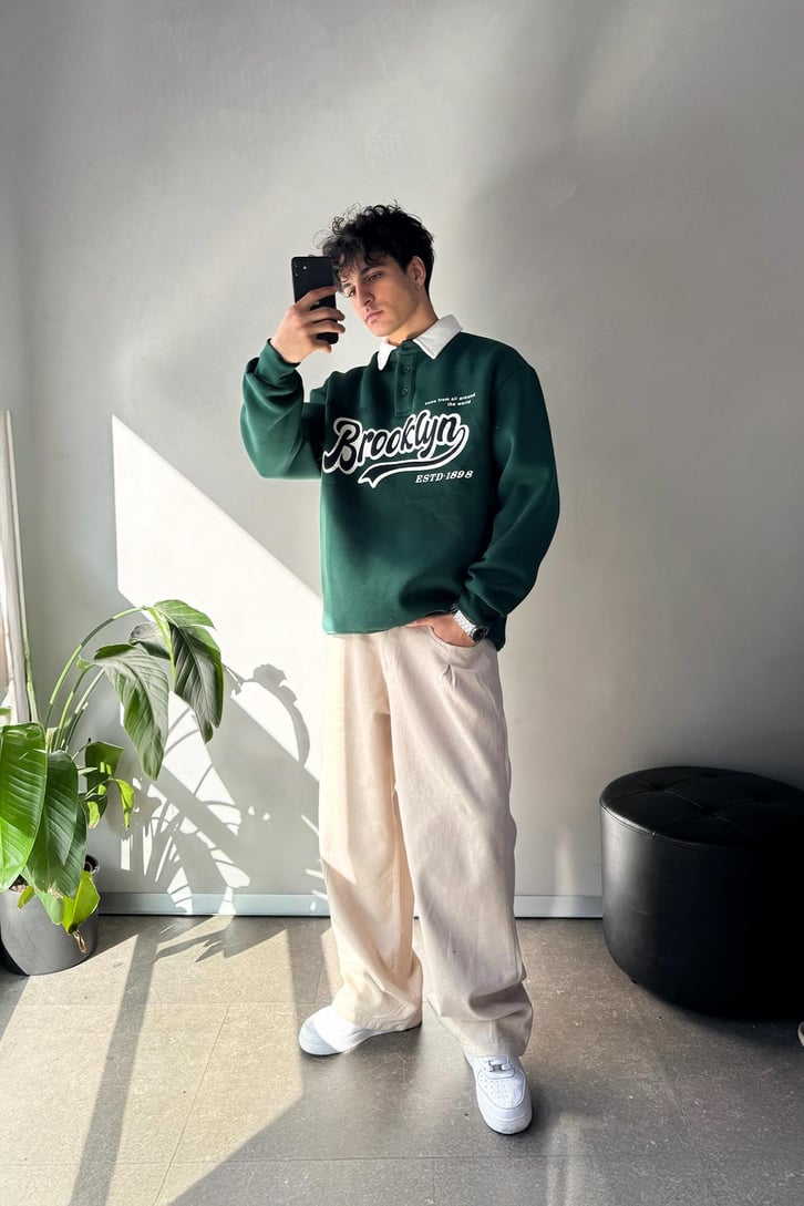 Brooklyn Baskılı Renkli Polo Yaka Sweatshirt