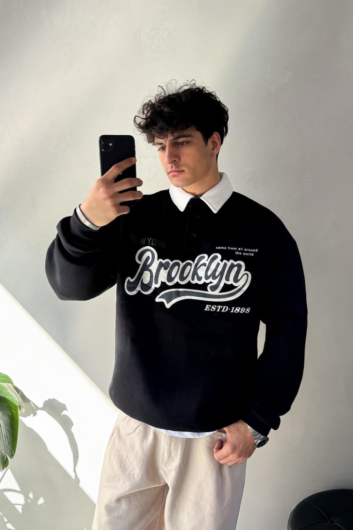 Brooklyn Baskılı Renkli Polo Yaka Sweatshirt