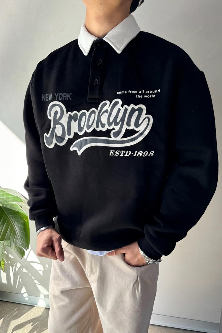 Brooklyn Baskılı Renkli Polo Yaka Sweatshirt