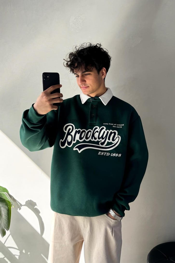 Brooklyn Baskılı Renkli Polo Yaka Sweatshirt