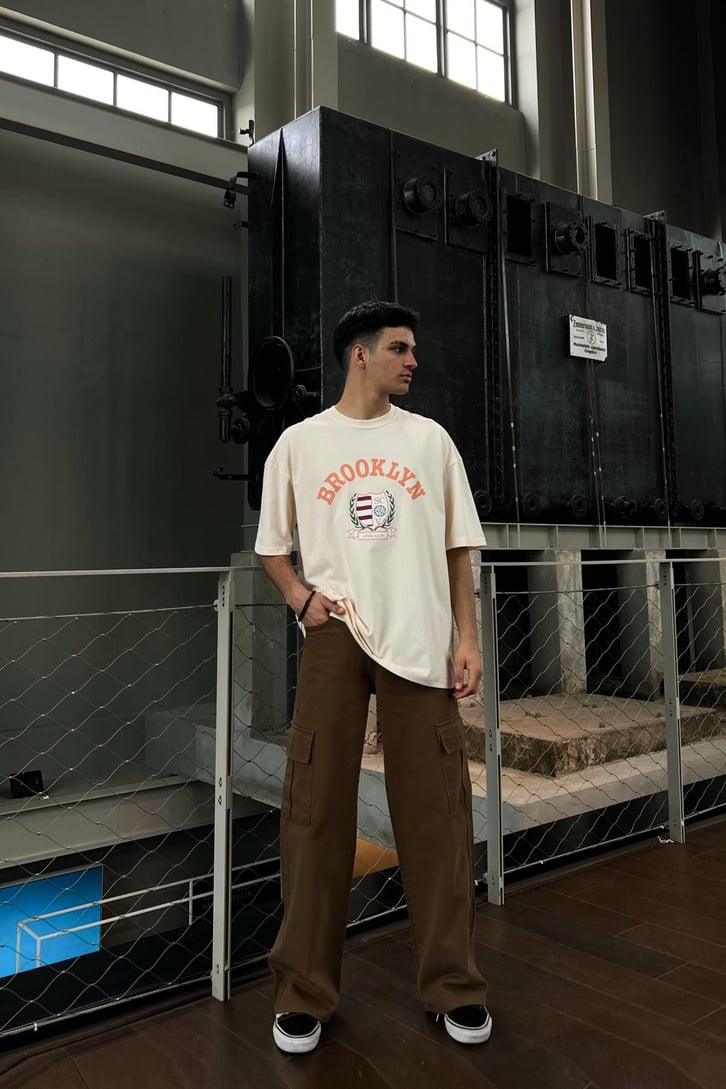 Brooklyn Baskılı Taş Rengi Oversize Tshirt