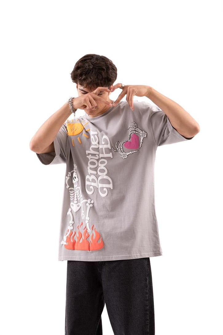 Brotherhood Baskılı Gri Oversize Tişört