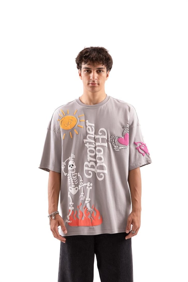 Brotherhood Baskılı Gri Oversize Tişört