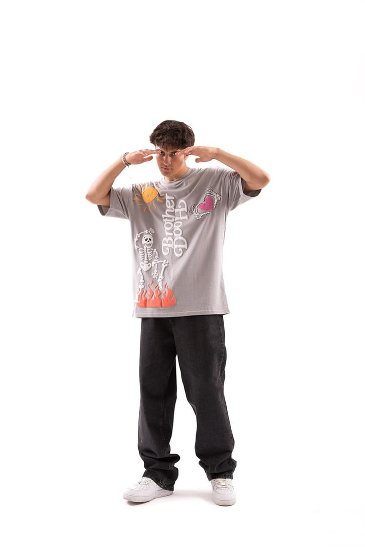 Brotherhood Baskılı Gri Oversize Tişört