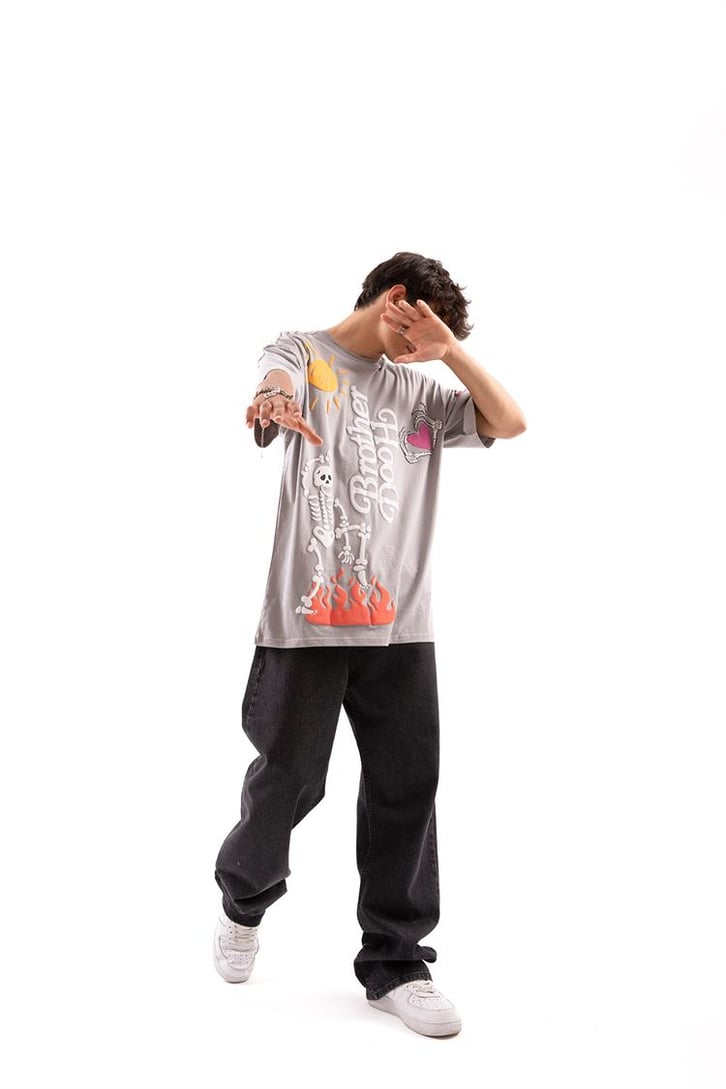 Brotherhood Baskılı Gri Oversize Tişört
