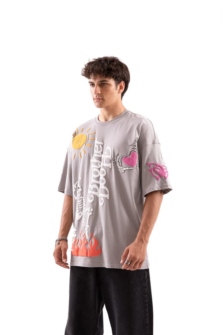 Brotherhood Baskılı Gri Oversize Tişört