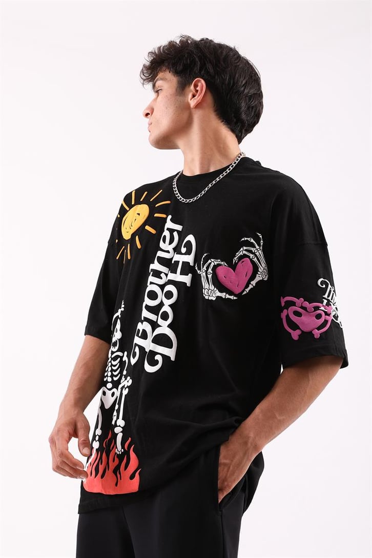 Brotherhood Siyah Baskılı Oversize Tişört