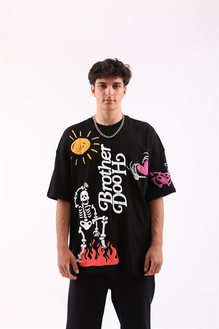 Brotherhood Siyah Baskılı Oversize Tişört