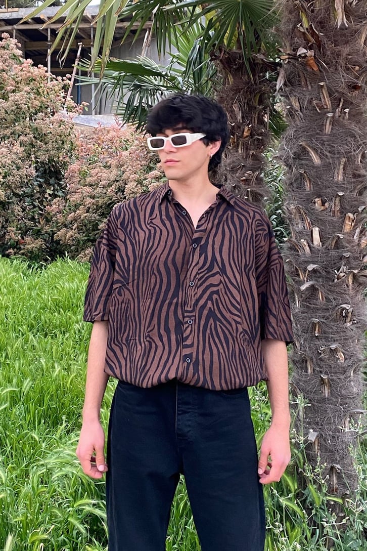 Brown Zebra Desenli Kısa Kollu Gömlek