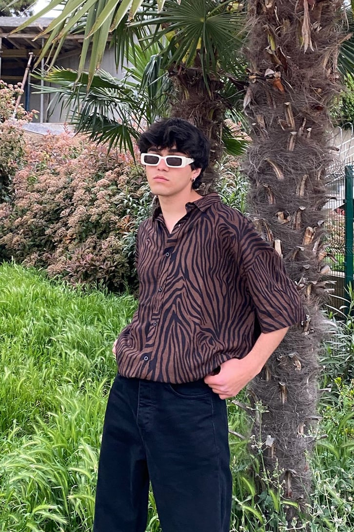 Brown Zebra Desenli Kısa Kollu Gömlek