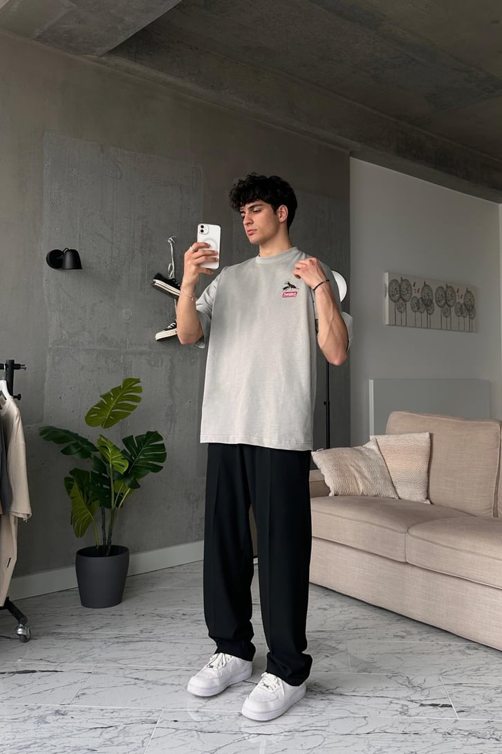 Bug Baskılı Buz Gri Oversize Tişört