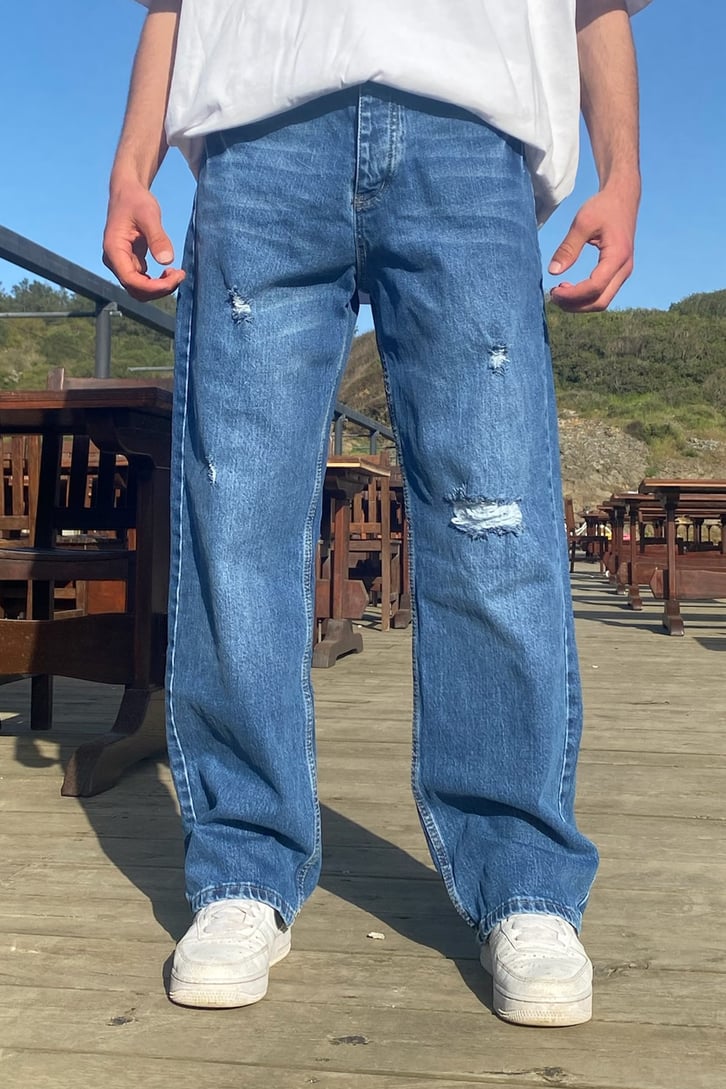 Bullet Yırtık Detaylı Mavi Baggy Jean