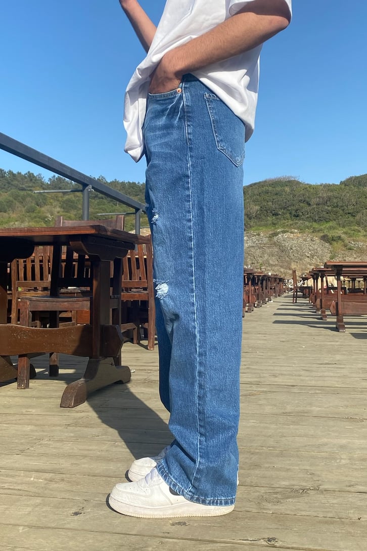 Bullet Yırtık Detaylı Mavi Baggy Jean