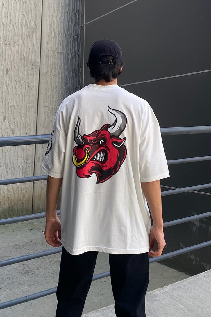 Bulls Baskılı Beyaz Oversize Tshirt