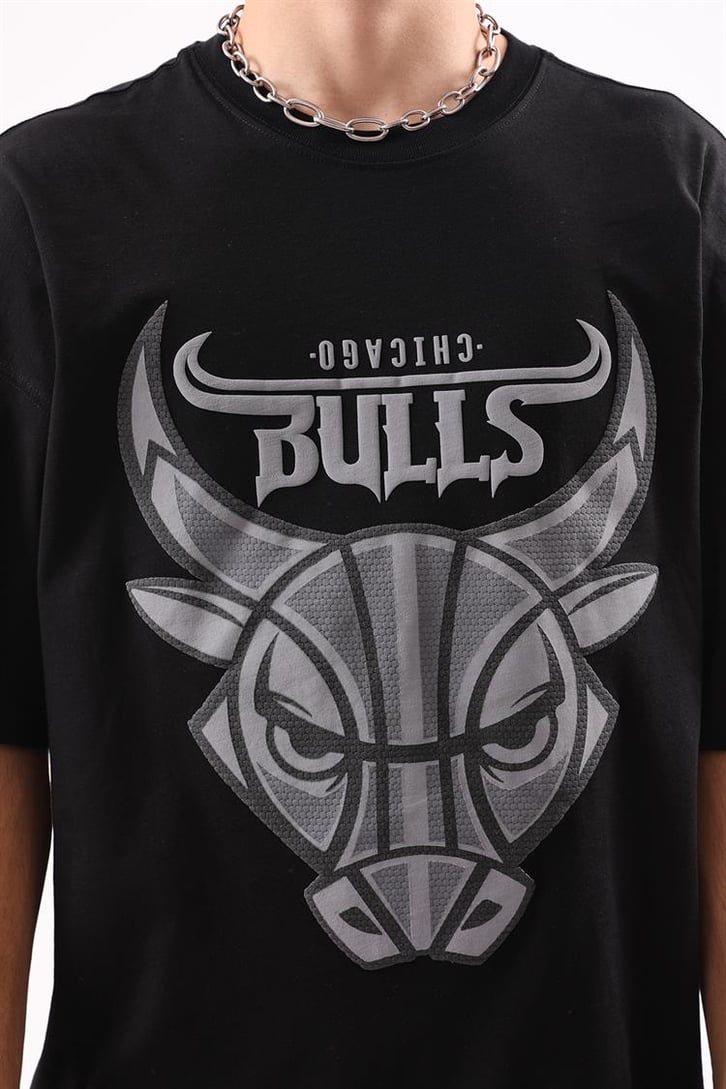 Bulls Baskılı Siyah Oversize Tişört