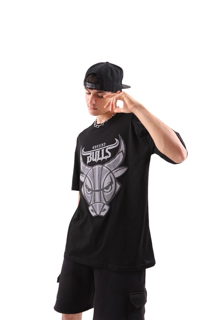 Bulls Baskılı Siyah Oversize Tişört